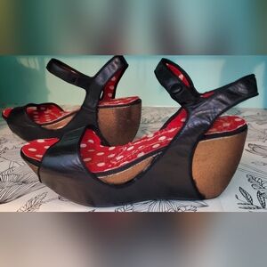 Irregular Choice Black Leather Wedge Platform Sandals